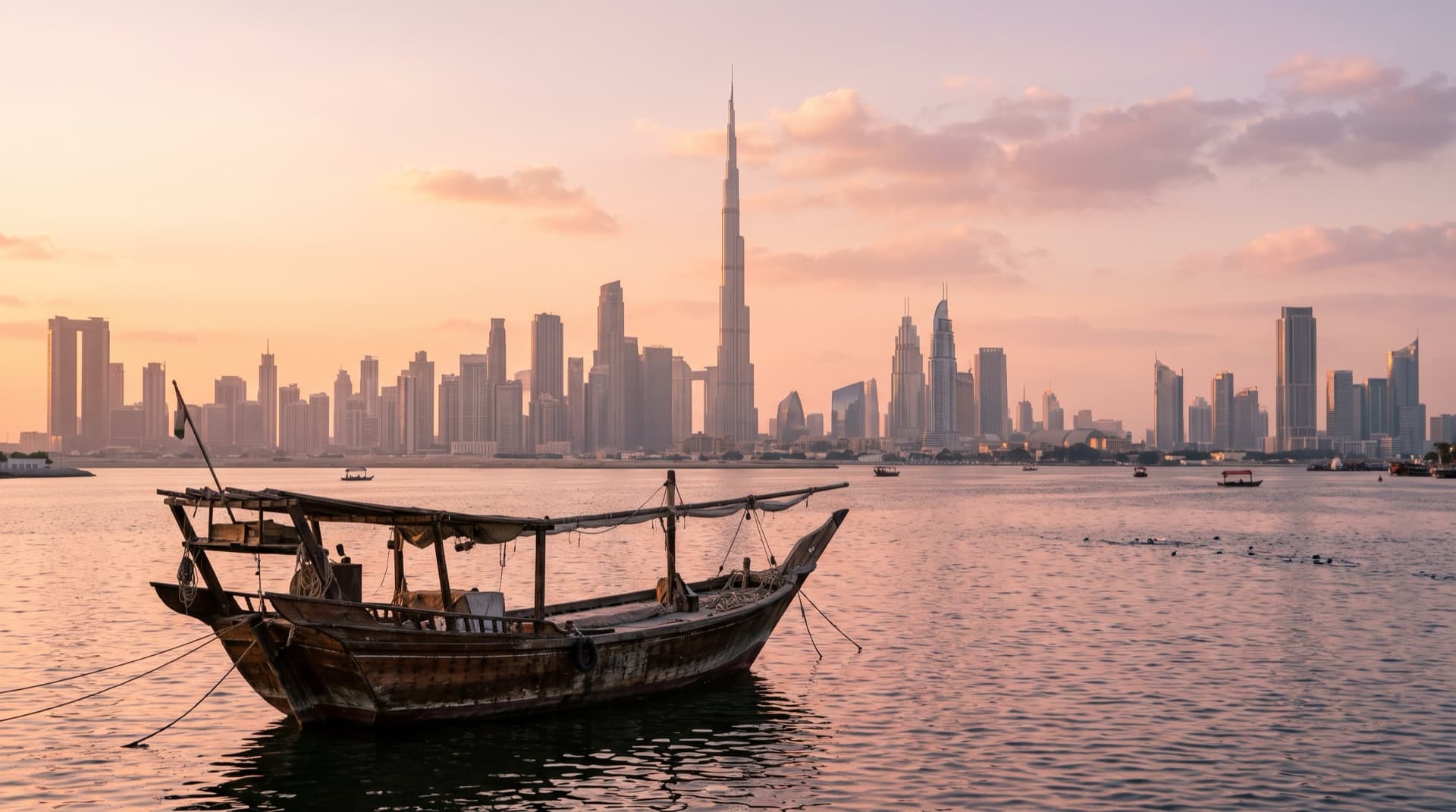 Dubai skyline with the Burj Khalifa at golden hour and a traditional wooden dhow boat on calm water
