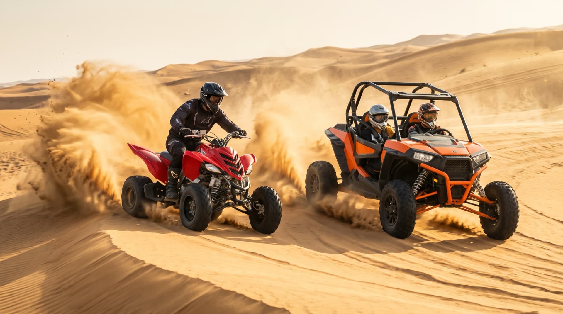 Red quad bike and orange Polaris dune buggy racing side by side over sand dunes in the Dubai desert