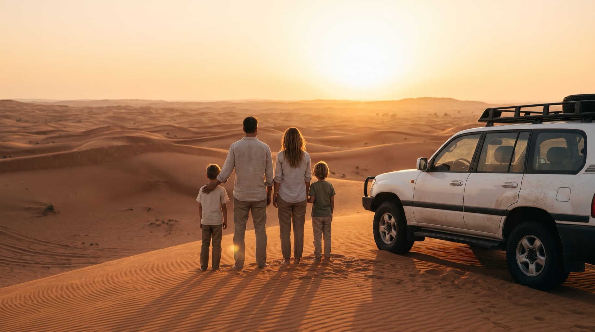 Family of four watching the sunset beside a white 4x4 on a sand dune in the Dubai desert