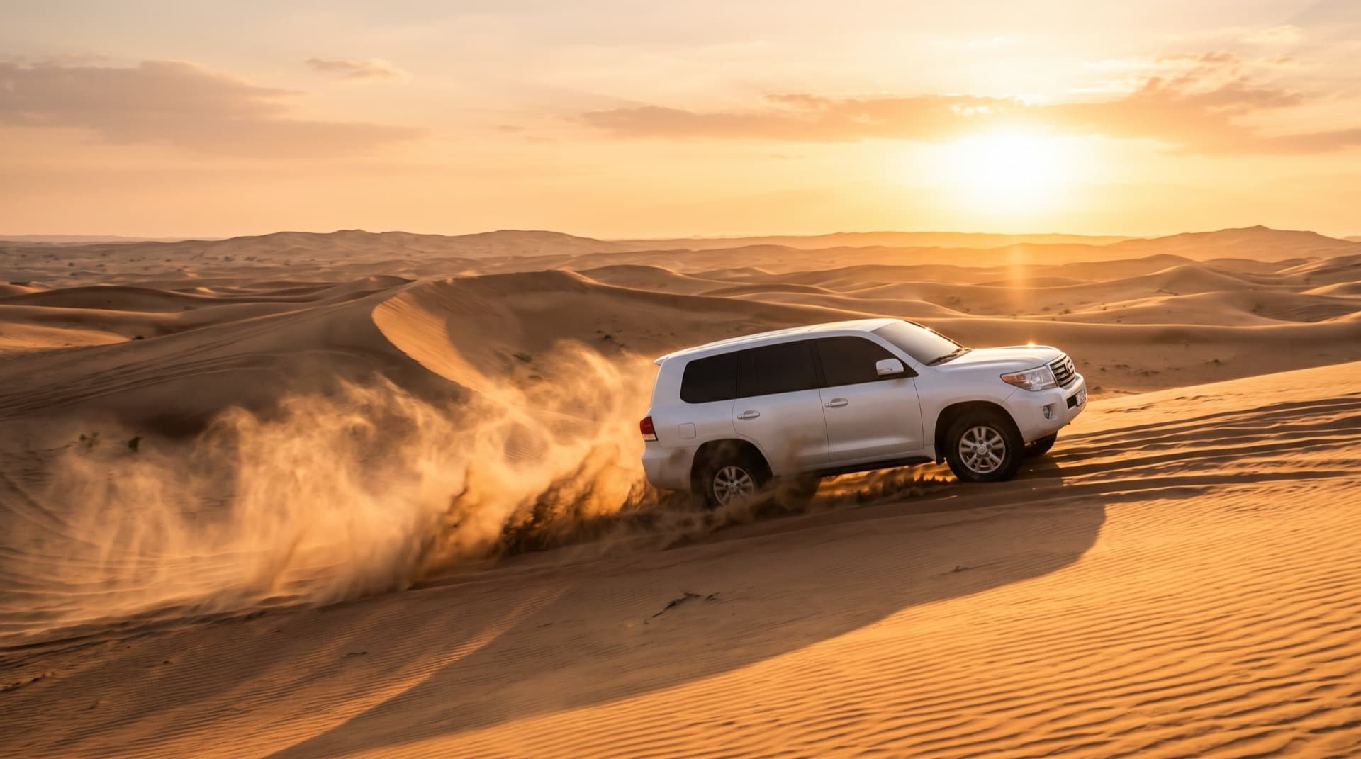 White Land Cruiser 4x4 driving over golden sand dunes in the Dubai desert at sunset